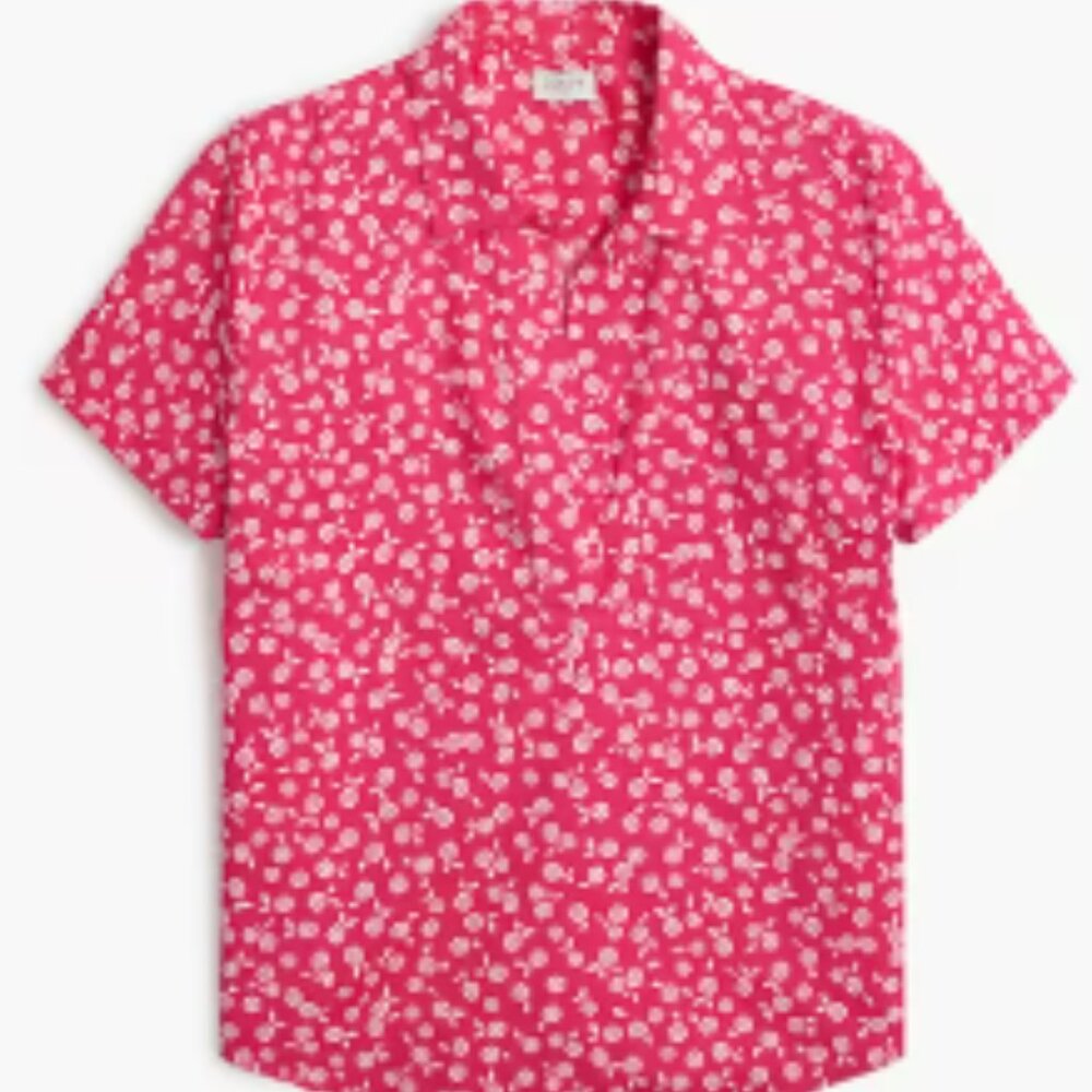 Jcrew pink floral short-sleeve poplin popover top